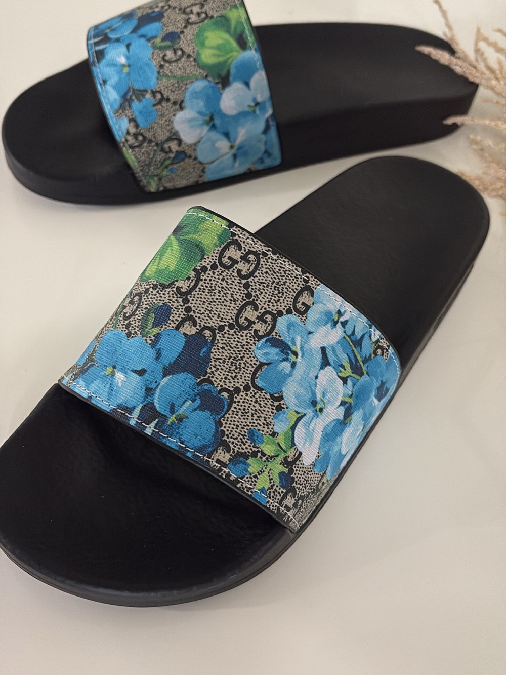 Fashion Sandals- Black Slide Sandals with Blue Floral Strap - Picture 2 of 4